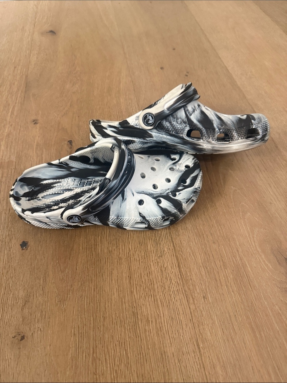 CROCS Black and White Marbled Slip-On Clogs